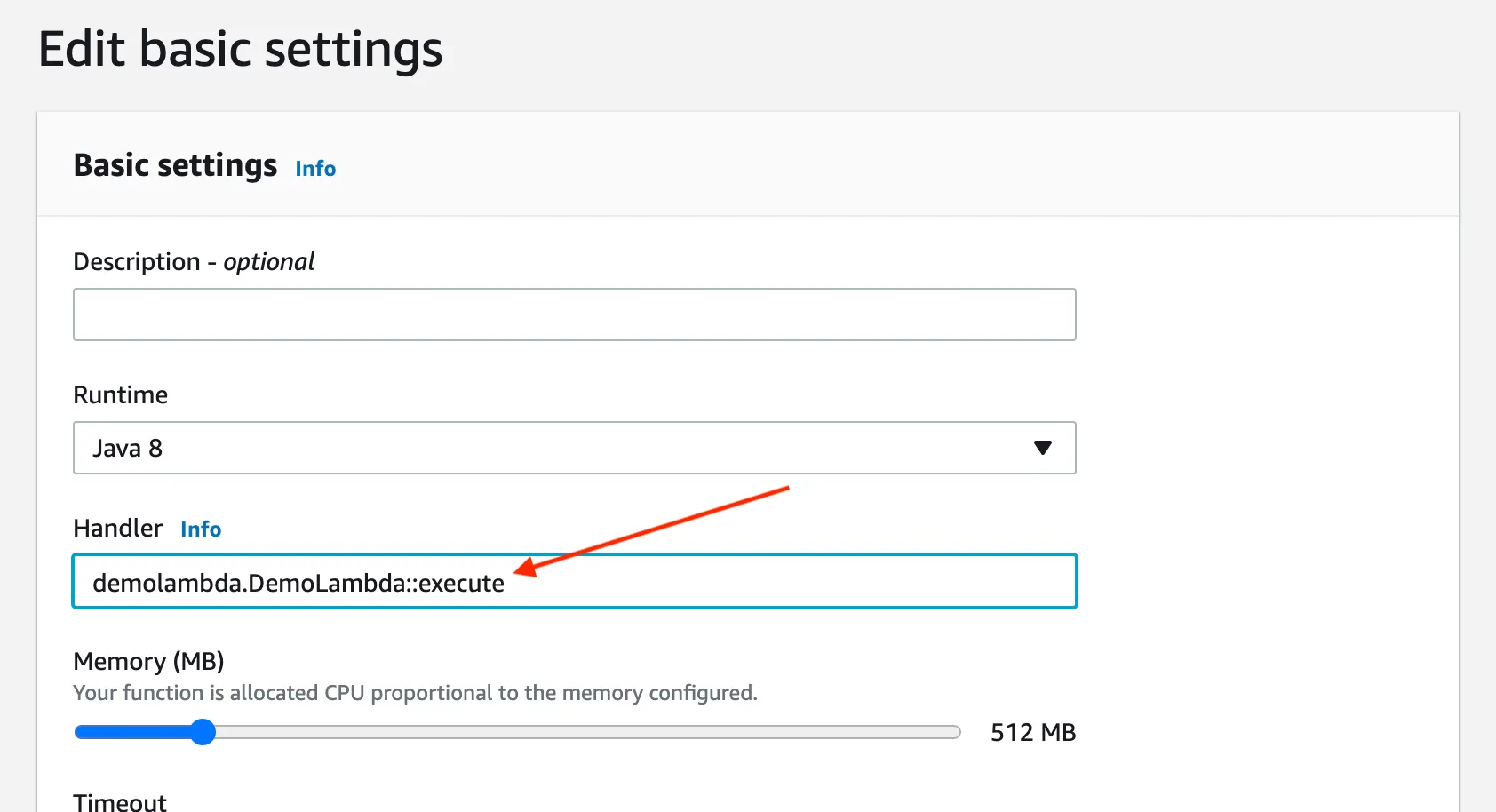 Step 8: Edit Lambda Function basic settings with options such as description, runtime, and handler